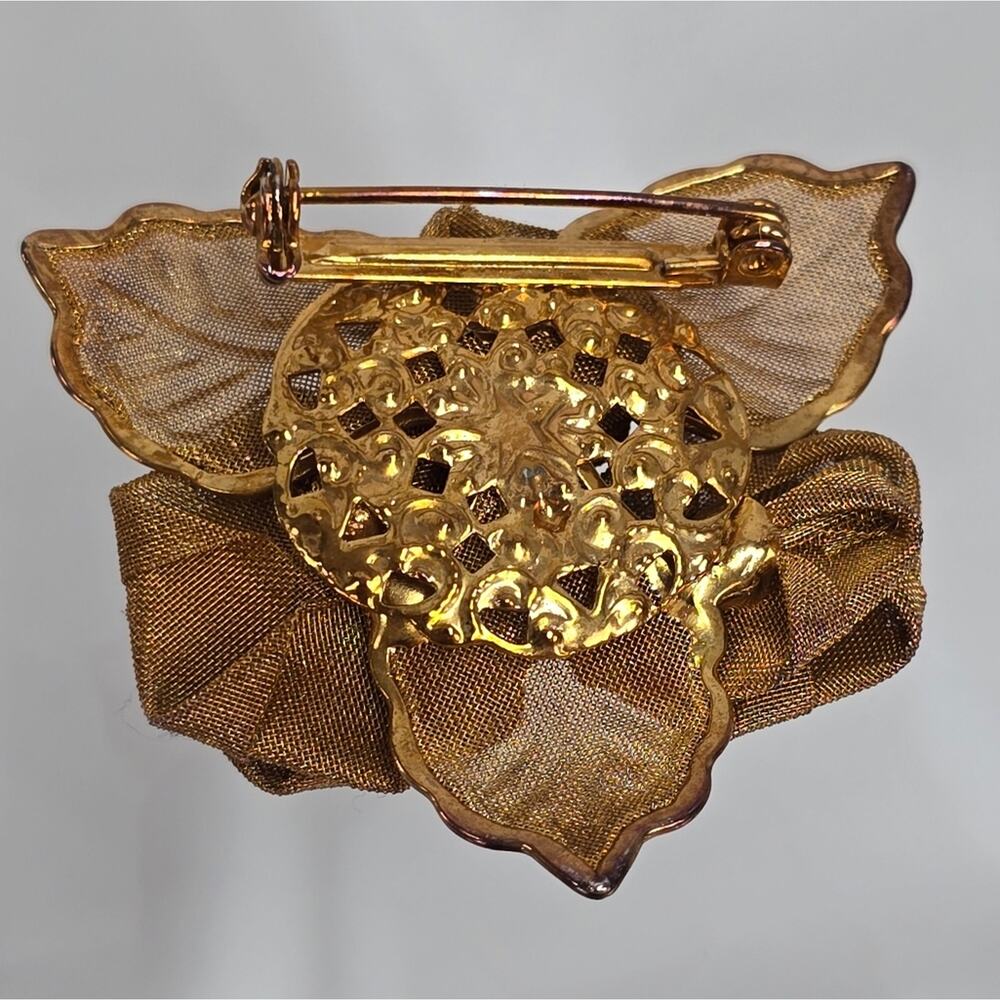 Vintage Triple Rose Mesh Brooch Gold Tone - Picture 5 of 6